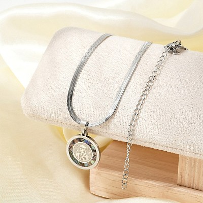 201 Stainless Steel Flat Round Pendant Flat Snake Chain Necklaces for Men NJEW-S387-04P-1