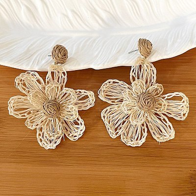 Bohemian Raffia with Linen Stud Dangle Earrings FS-WG91701-06-1