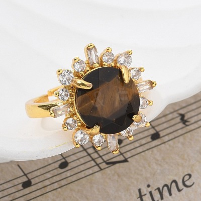 Sunflower Natural Tiger Eye Finger Rings RJEW-B113-03G-04-1
