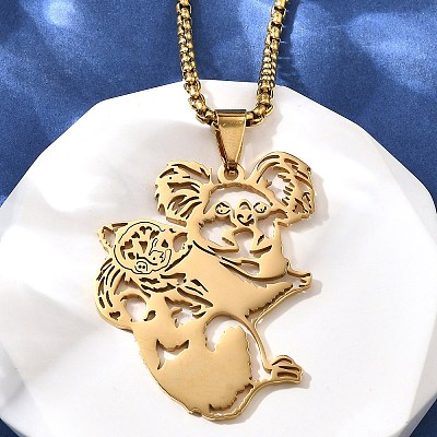 201 Stainless Steel Laser Cut Mother and Baby Koala Pendant Box Chain Necklaces for Women Men NJEW-E156-01G-1