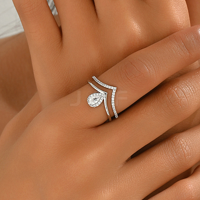 Brass Micro Pave Cubic Zirconia Adjustable Open Cuff Rings for Women YP6929-2-1