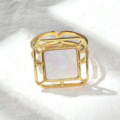 Square 304 Stainless Steel White Shell Cuff Rings for Women RJEW-G346-03G-02-1