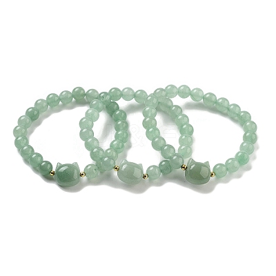 Round & Cat Head Natural Green Aventurine Beaded Stretch Bracelets for Women BJEW-K251-03B-1