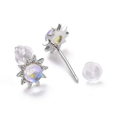 Anti-Tarnish Rhodium Plated 925 Sterling Silver Sunflower Stud Earring Findings EJEW-M202-03P-1