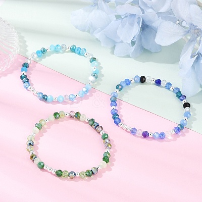 3Pcs 3 Colors Faceted Round Electroplate Glass Beads Stretch Bracelets for Women BJEW-JB11628-1