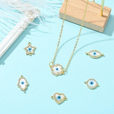 6Pcs 6 Styles Brass Micro Pave Clear Cubic Zirconia & Natural Shell Evil Eye Links Connector Charms KK-CJ0003-44-1