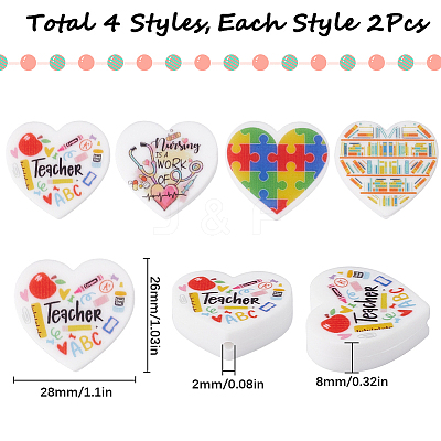 8Pcs 4 Style Heart Silicone Focal Beads SIL-SC0001-65-1