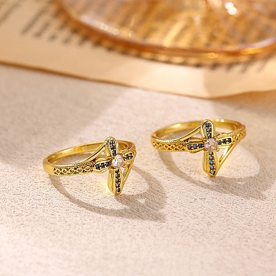 Brass Micro Pave Cubic Zirconia Finger Rings for Women RJEW-K261-11G-1