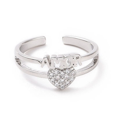 Clear Cubic Zirconia Heart with Word Amor Open Cuff Ring RJEW-I094-06P-1