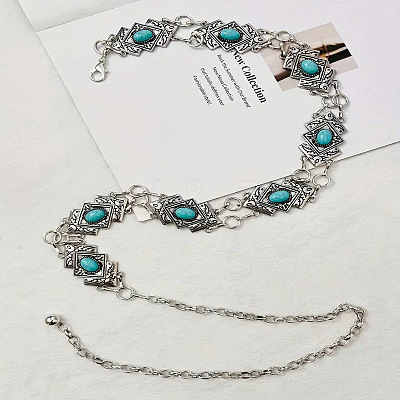 Alloy with Dyed Synthetic Turquoise Rhombus Link Chain Waist Belly Chains for Women FS-WG59013-01-1