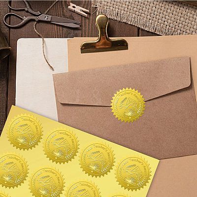 34 Sheets Teacher Self Adhesive Gold Foil Embossed Stickers DIY-WH0509-039-1