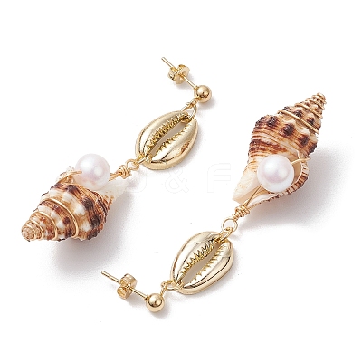 Alloy Natural Shell Beaded Dangle Stud Earrings EJEW-JE06268-1