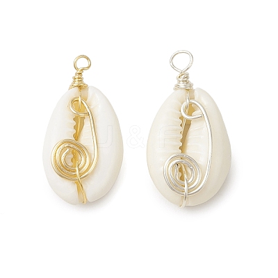2Pcs 2 Colors Natuarl Cowrie Shell Vortex Copper wire Warpped Pendants PALLOY-JF03319-1