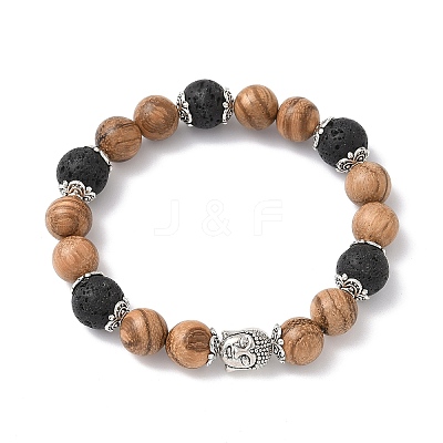 Natural Wood & Lava Rock Round Beads Stretch Bracelets BJEW-JB12353-01-1
