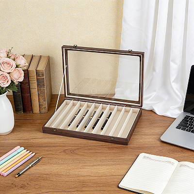 10 Grids Rectangle Wooden Dustproof Pen Presentation Boxes with Visible Window Lid CON-WH0089-250-1