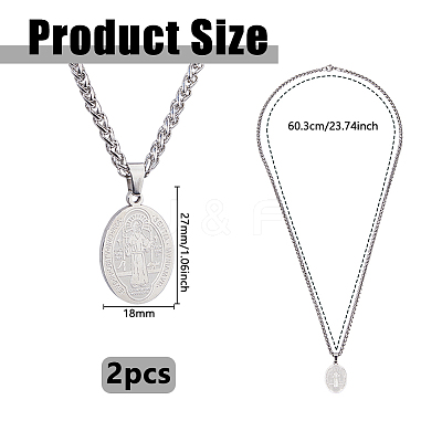 2Pcs Stainless Steel Saint Benedict Oval Medal Pendant Wheat Chain Necklaces NJEW-DC0001-20P-1