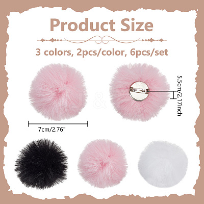 6Pcs 3 Colors Polyester Plush Pompom Ball Brooch JEWB-NB0001-24A-1
