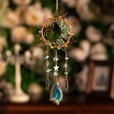 Wire Wrapped Natural Green Aventurine & Metal Sun with Moon Pendant Decorations PW-WG96896-01-1