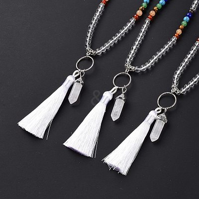 Natural Quartz Crystal Bullet & Tassel Pendant Necklace with Mixed Gemstone Beaded Chains NJEW-E585-02G-1