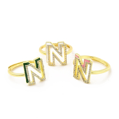Mixed Color Enamel Initial Letter Adjustable Ring with Clear Cubic Zirconia RJEW-P045-01G-N-1