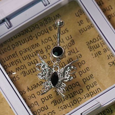 304 Stainless Steel Pave Black Cubic Zirconia Curved Barbell Dangle Belly Rings FS-WG77A7D-02-1