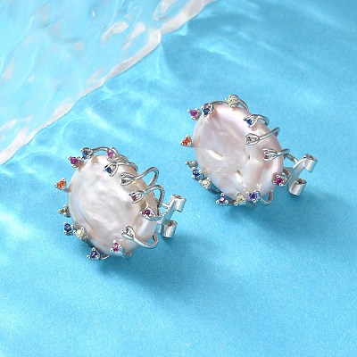 925 Sterling Silver Natural Pearl Stud Earrings EJEW-M078-01P-1