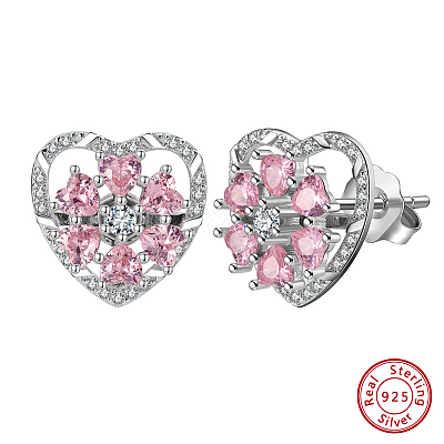 Rhodium Plated 925 Sterling Silver Rotating Heart Stud Earrings EJEW-L270-01P-1