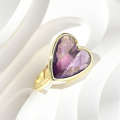 Heart Brass Natural Amethyst Finger Rings RJEW-D304-01G-A-1