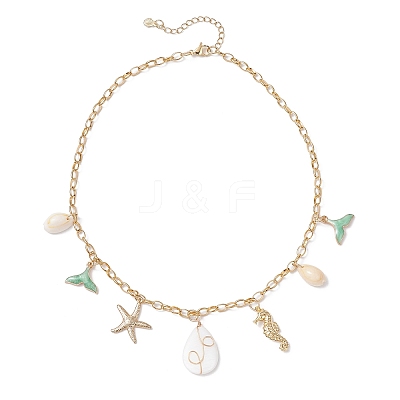 Alloy Enamel Whale Tail Starfish & Natural Shell Teardrop Pendant 304 Stainless Steel Cable Chain Necklaces for Women NJEW-JN05407-03-1