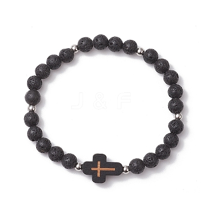 Cross Natural Lava Rock Beads & Wood Round Beads Stretch Bracelets for Men Women BJEW-JB11832-01-1