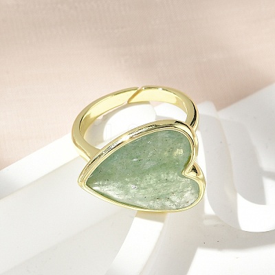 Heart Brass Natural Green Strawberry Quartz Finger Rings RJEW-D304-01G-C-1