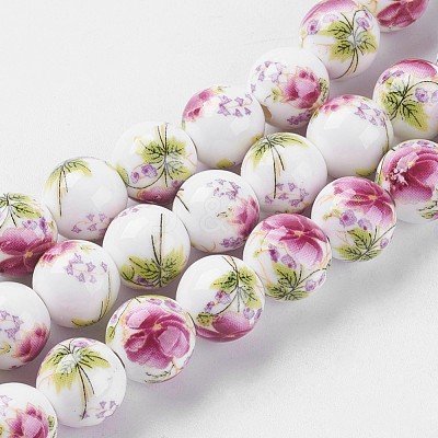 Handmade Flower Printed Porcelain Ceramic Beads Strands PORC-J006-A06-1