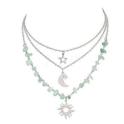 201 Stainless Steel Sun Moon Star Pendant Natural Green Aventurine & 304 Stainless Steel Link Chain 3 Layer Necklaces for Women NJEW-JN05470-03-1