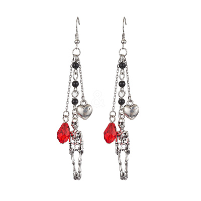 Alloy Skull & Heart & Glass Teardrop Dangle Earrings with Brass Pins for Women EJEW-JE05391-1