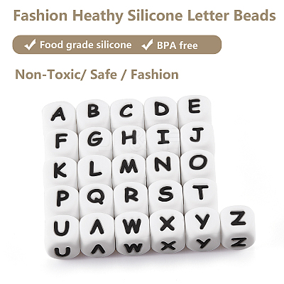 20Pcs White Cube Letter Silicone Beads 12x12x12mm Square Dice Alphabet Beads with 2mm Hole Spacer Loose Letter Beads for Bracelet Necklace Jewelry Making JX432Q-1