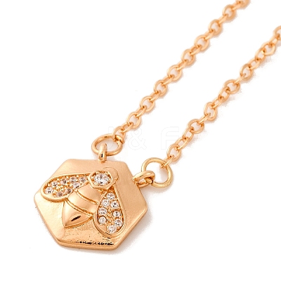 Brass Pave Clear Cubic Zirconia Cable Chain Bees Hexagon Pendant Necklaces for Women NJEW-U006-02B-KCG-1