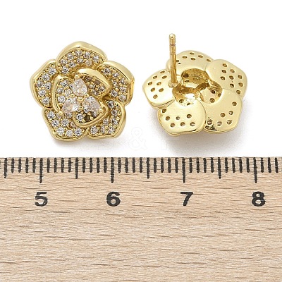 Flower Brass Micro Pave Clear Cubic Zirconia Stud Earrings X-EJEW-M082-19G-1