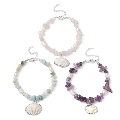 3Pcs 3 Style Natural Shell Charm Bracelets Set BJEW-TA00396-1