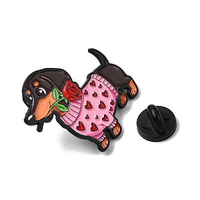 Dachshund in Heart Sweater with Rose Flower Enamel Pins JEWB-Z049-03EB-02-1