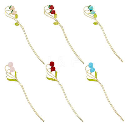 6Pcs 6 Style Strawberry & Cherry Alloy Enamel Hair Sticks OHAR-FH0001-11-1