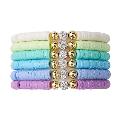 6Pcs 6 Color Polymer Clay Disc & Rhinestone Beaded Stretch Bracelets Set BJEW-JB09673-1