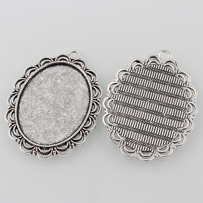 Tibetan Style Antique Silver Alloy Flat Oval Pendant Cabochon Settings LS-TIBEP-M022-58AS-1
