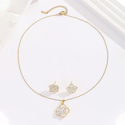 Brass Enamel Flower Pendant Necklaces & Stud Earrings Sets for Women FS-WG71802-01-1