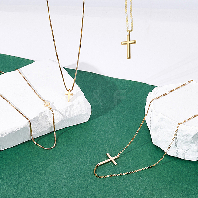 4Pcs 4 Styles Brass & 304 Stainless Steel Sideways Cross Box Chain Necklaces for Women NJEW-UN0001-67-1