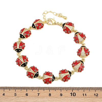 Brass Micro Pave Clear Cubic Zirconia with Enamel Red Ladybug Link Chain Bracelets for Women BJEW-L707-02G-1