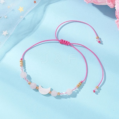 Natural Rose Quartz & Freshwater Shell Moon Charm Bracelets BJEW-MZ00303-03-1