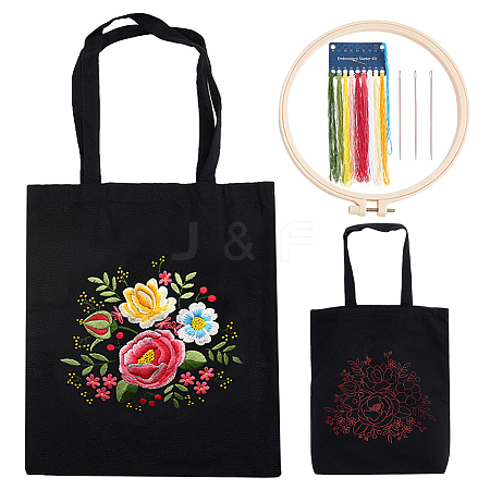DIY Flower Pattern Tote Bag Embroidery Making Kit DIY-WH0349-21C-1