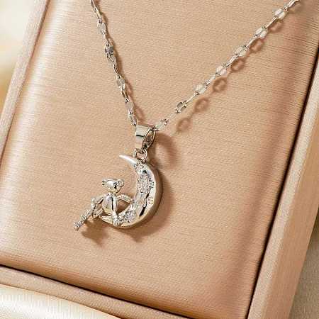 Brass Pave Clear Cubic Zirconia Shiny Cute 3D Bear Moon Pendant Necklaces for Women XT3479-1-1
