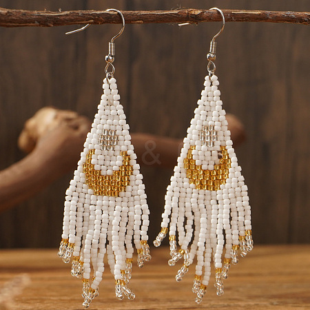 Vintage Ethnic Handmade Glass Seed Beads Moon Dangle Earrings JT7942-1-1
