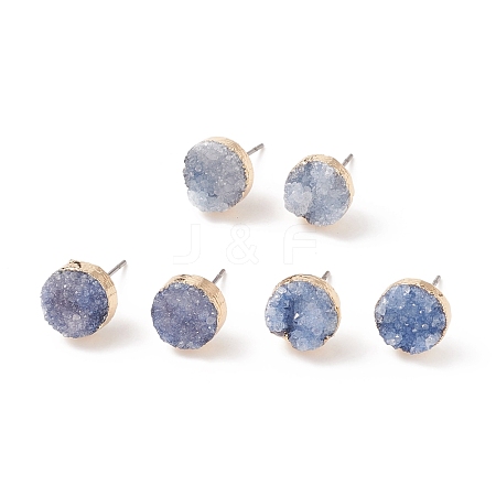 Dyed Flat Round Natural Druzy Agate Stud Earrings EJEW-I175-8mm-1